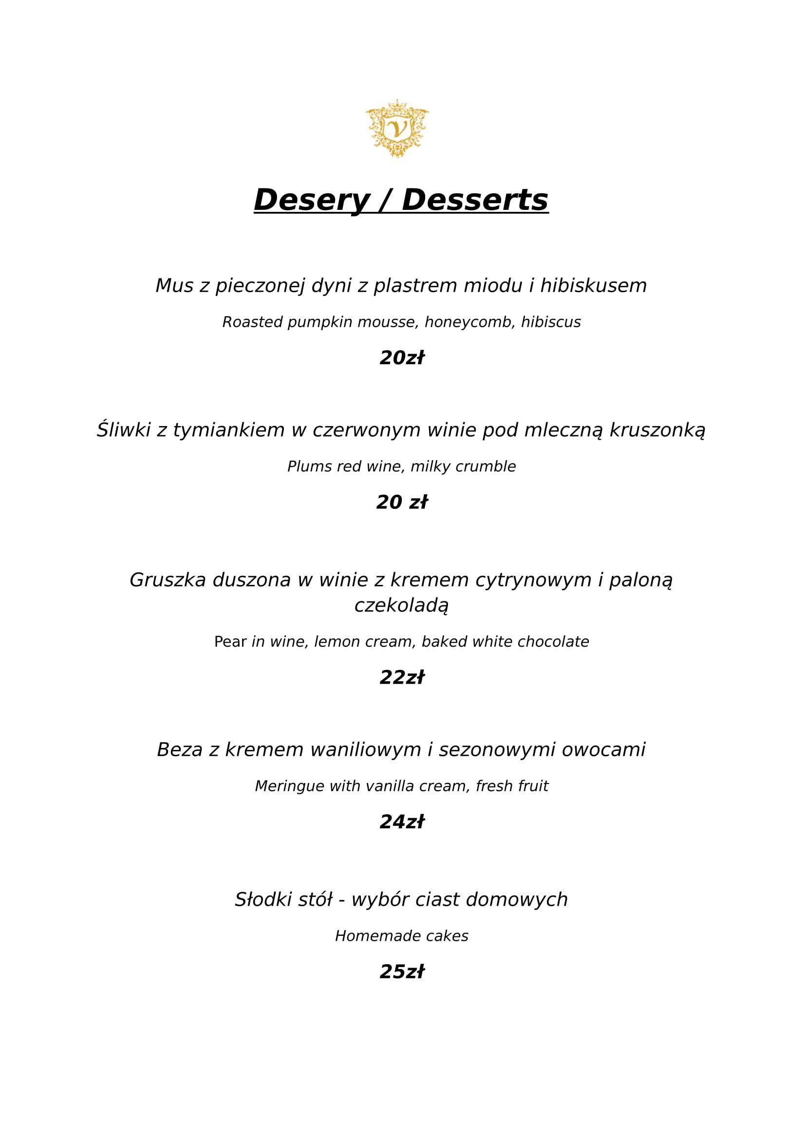 Menu at Restauracja Vivandier restaurant, Warsaw