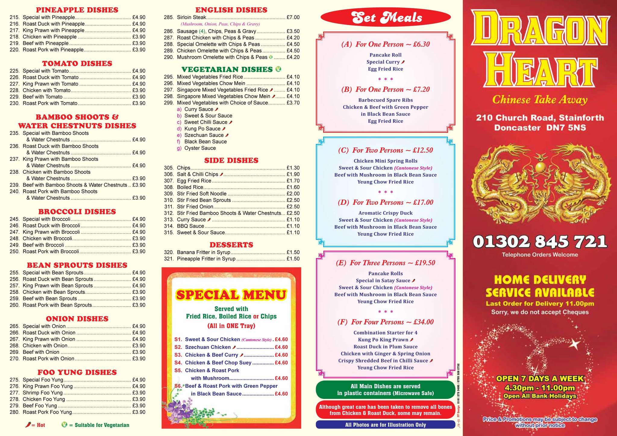 Menu at Dragon Heart Chinese Takeaway restaurant, Doncaster
