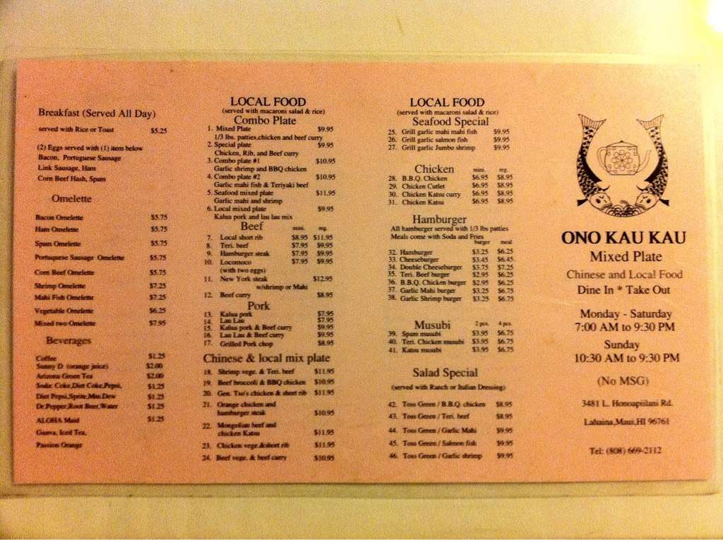 Ono Kau Kau Menu, Menu for Ono Kau Kau, Lahaina, Rest of Hawaii