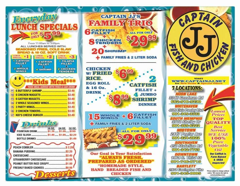 Menu at Captain JJ Fish & Chicken restaurant, Memphis, Poplar Ave