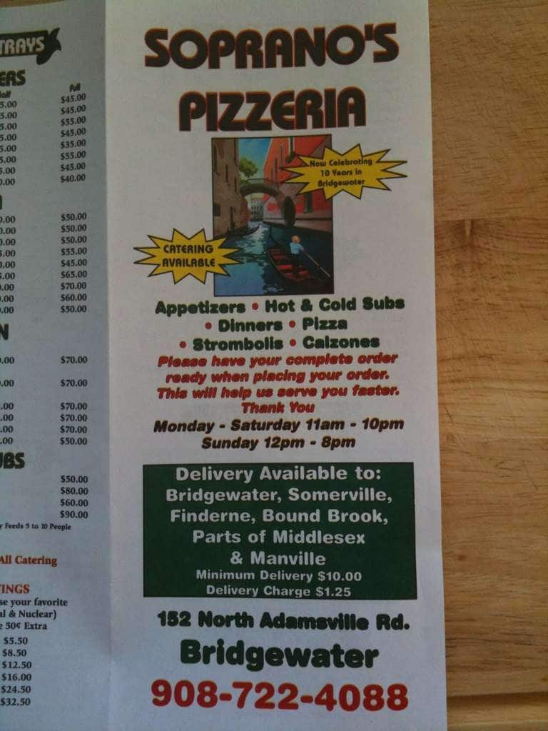 Soprano's Pizzeria menu, Menu restauracji Soprano's Pizzeria