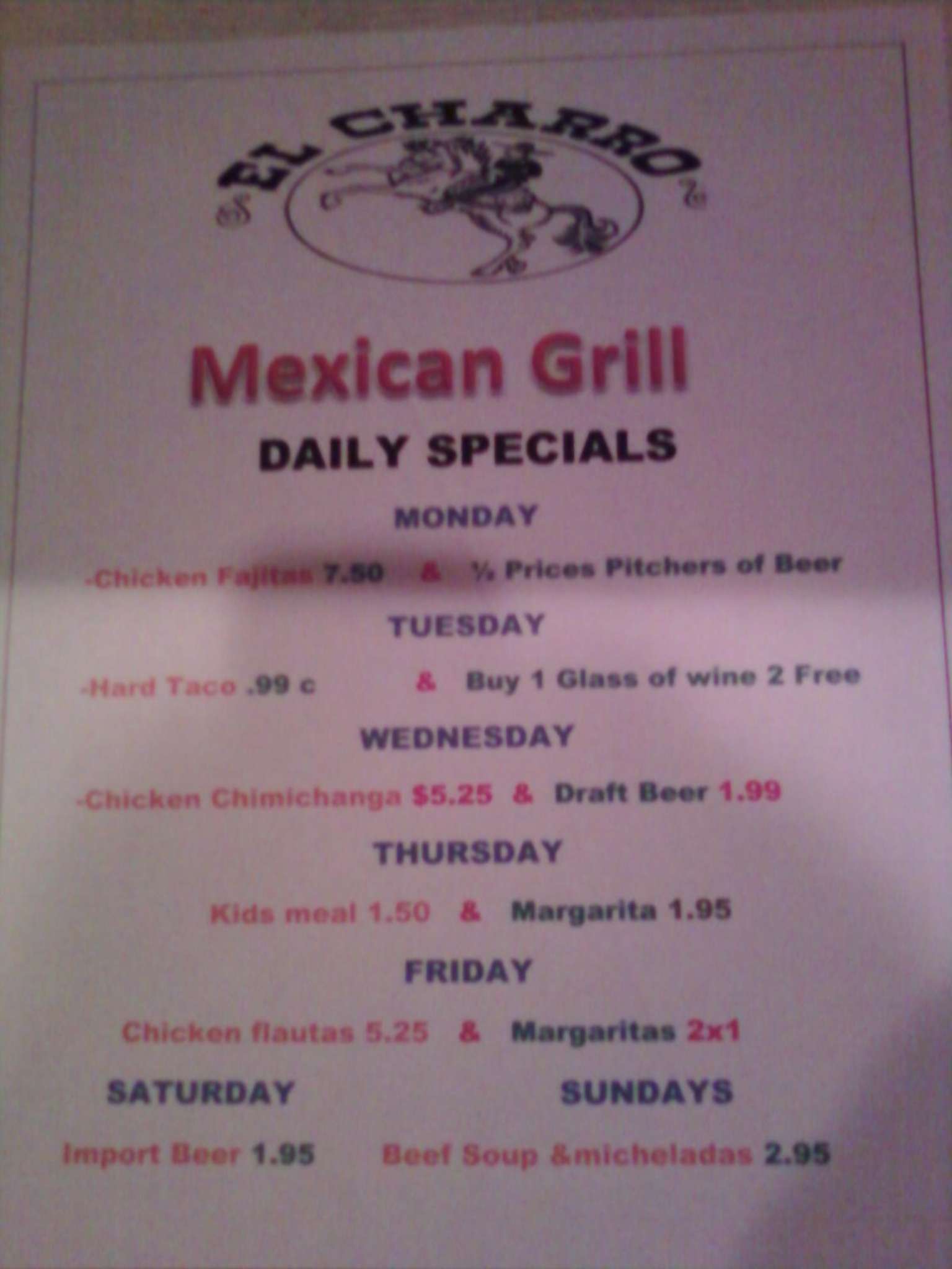 El Charro Mexican Grill Menu, Menu for El Charro Mexican Grill, Fort
