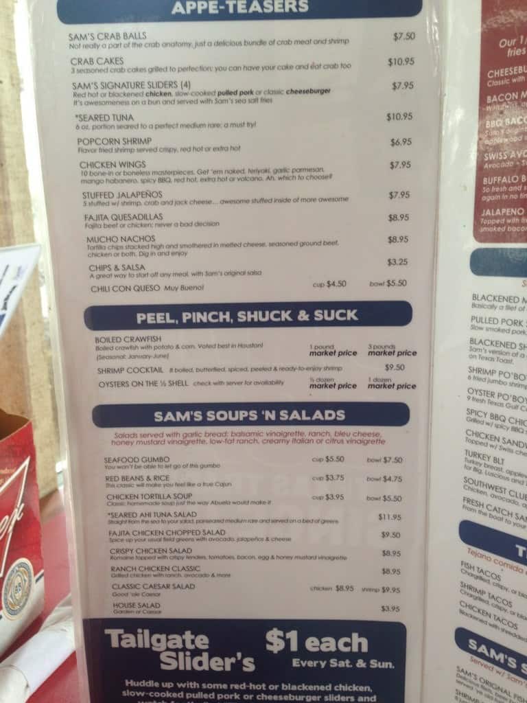 Sam's Boat menu, Menu restauracji Sam's Boat, Montgomery, Montgomery