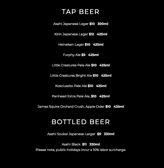 Menu at Upside Rooftop and Bar, Fitzroy