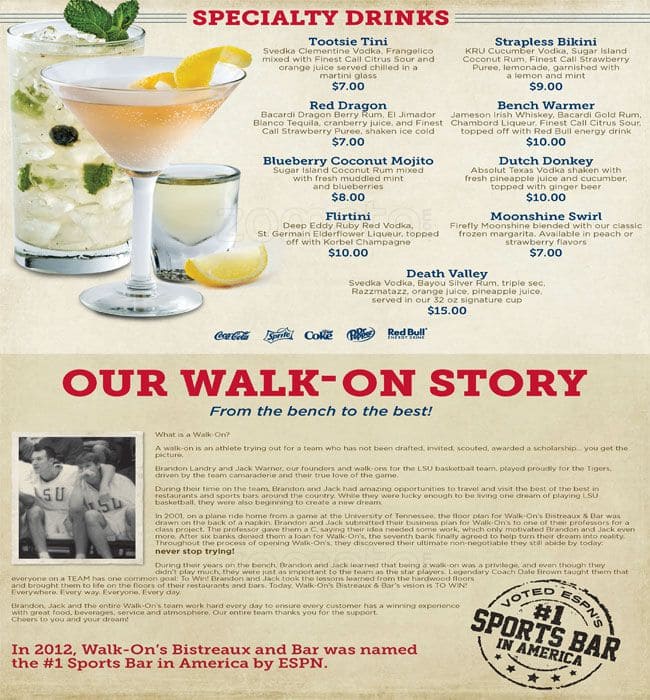 Menu at WalkOns restaurant, Lake Charles