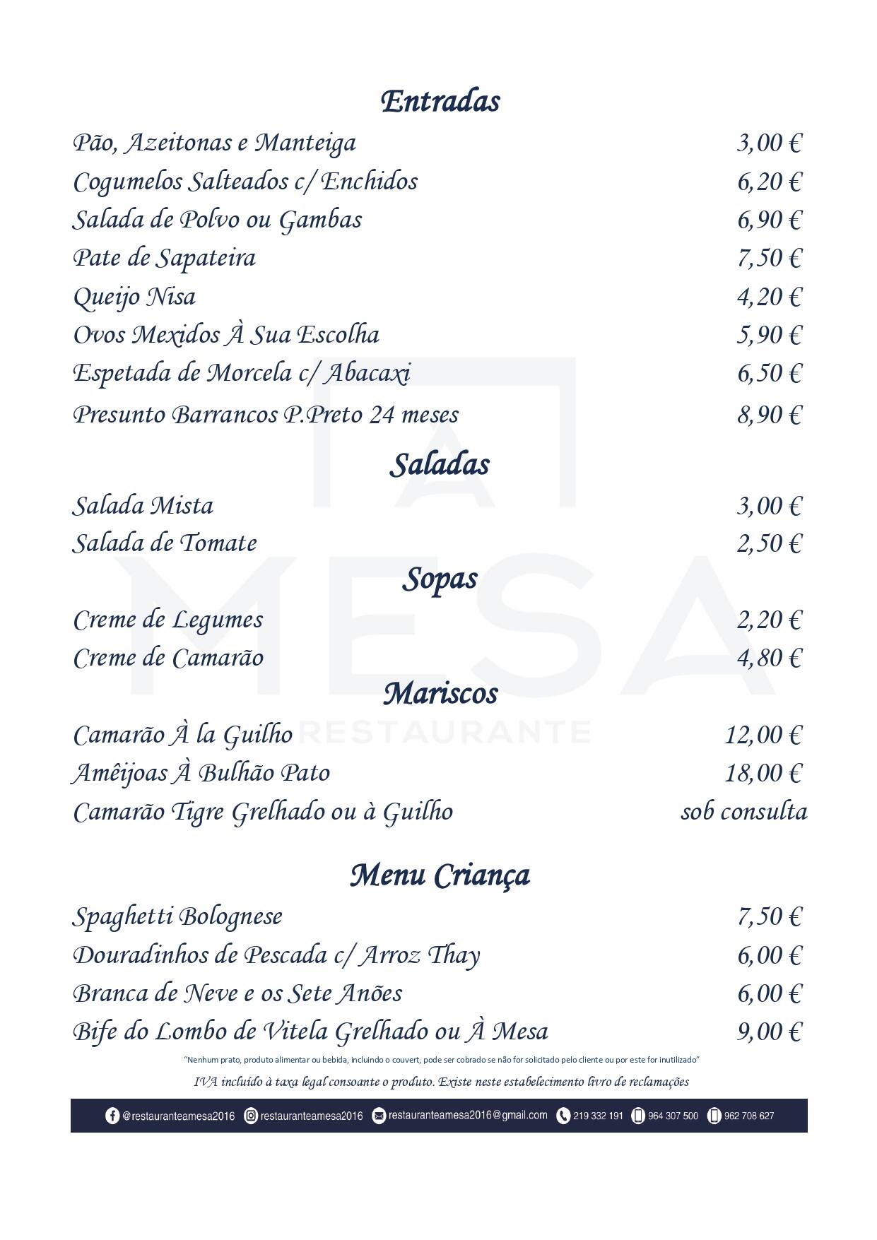 A Mesa Menu Menu For A Mesa Odivelas Centro Lisboa