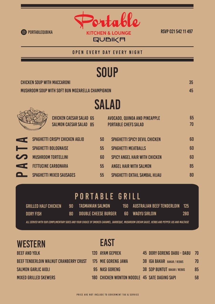 Menu at Portable Qubika Kitchen & Lounge restaurant, Tangerang, Jl. Boulevard Raya Kav. O No. 910