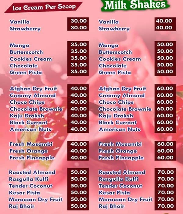 Menu of Kalyani Ice Cream Parlour, Kosapet, Vellore