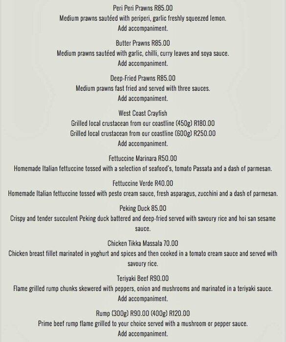 Menu at Panama Jacks restaurant, Cape Town, Quay 500