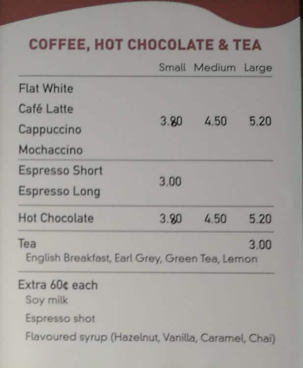 Menu at Boston Bakery Coffee, Auckland