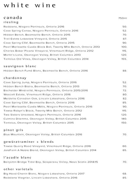 Menu at Canoe restaurant, Toronto