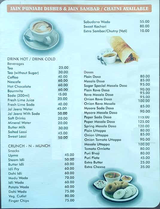 Sagar Veg Restaurant menu