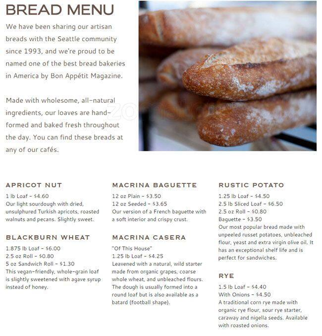 Menu at Macrina Bakery, Seattle, 615 W McGraw St