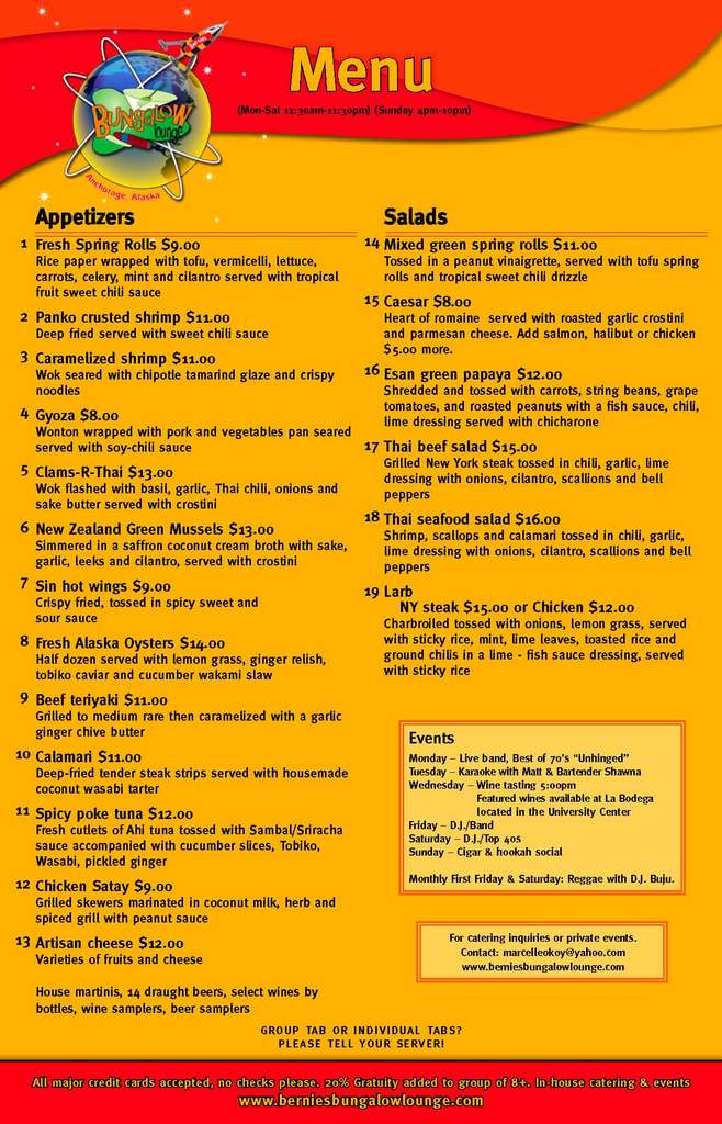 Menu at Bernie's Bungalow Lounge pub &amp; bar, Anchorage