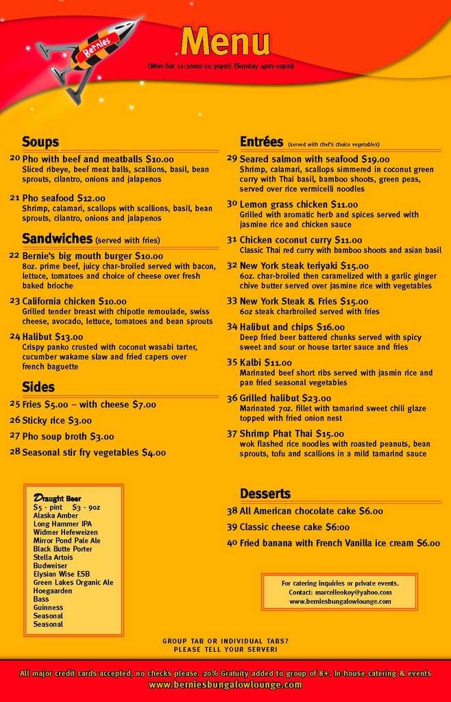 Menu at Bernie's Bungalow Lounge pub & bar, Anchorage