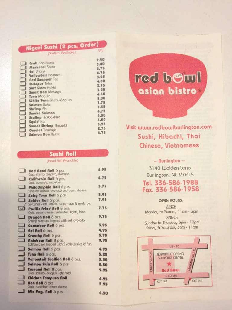 Red Bowl Asian Bistro menu, Menu restauracji Red Bowl Asian Bistro