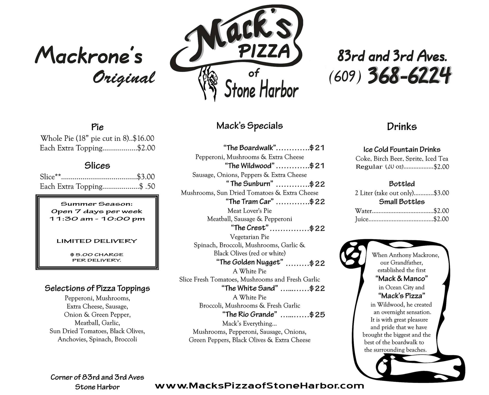 Mack's Pizza Menu, Menu for Mack's Pizza, Stone Harbor, Stone Harbor