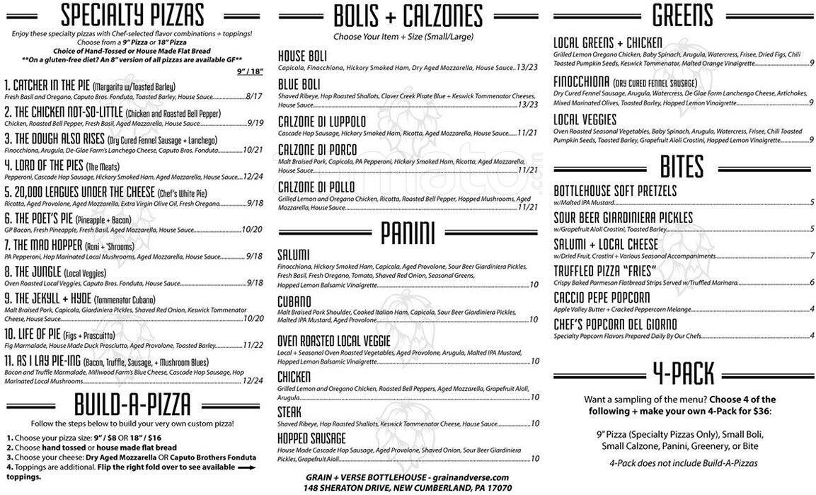 Grain And Verse Menu, Menu for Grain And Verse, New Cumberland