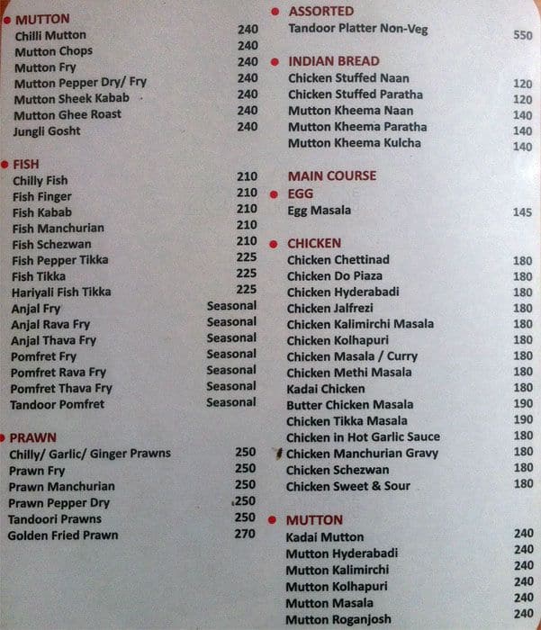 Hotel Le Ruchi The Prince menu