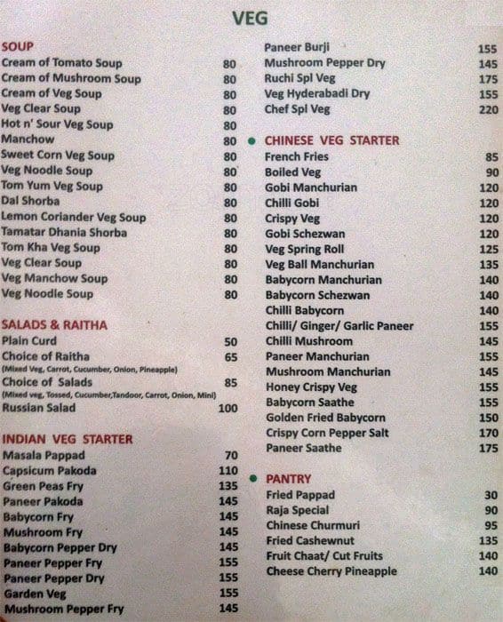 Hotel Le Ruchi The Prince menu