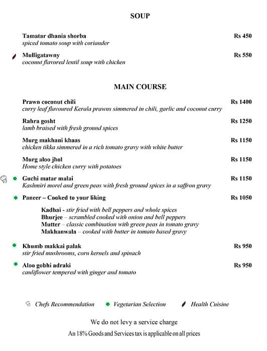 Menu at The Curzon Room, New Delhi