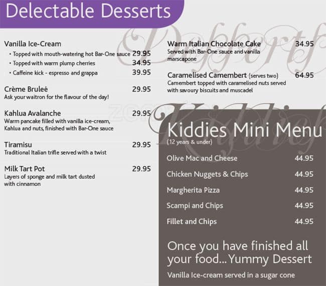 Menu at Olive & Oil restaurant, Durban, 15 Chartwell Drive