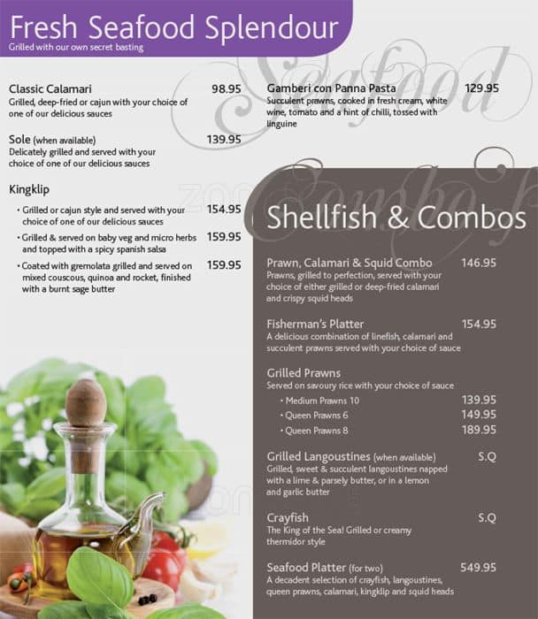 Menu at Olive & Oil restaurant, Durban, 15 Chartwell Drive