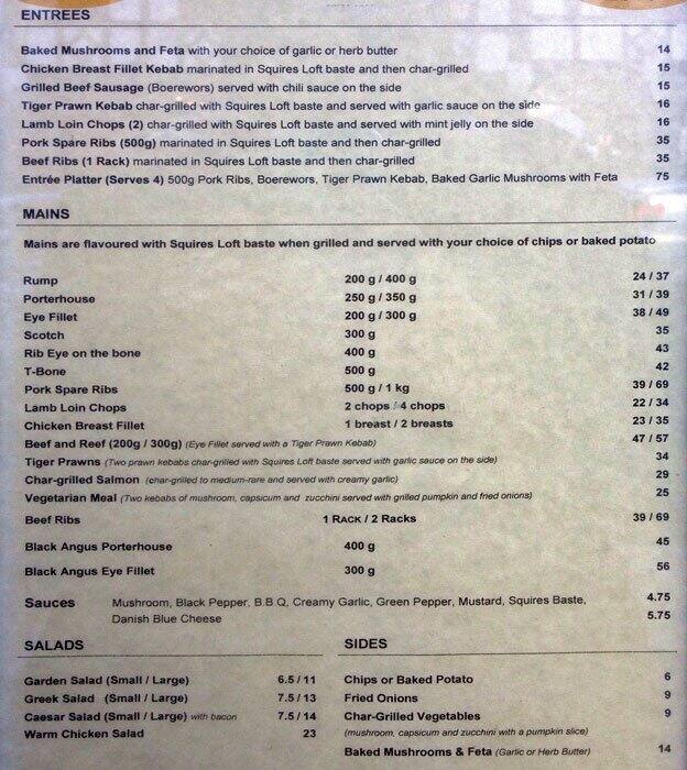 Squires Loft Menu, Menu for Squires Loft, South Yarra, Melbourne