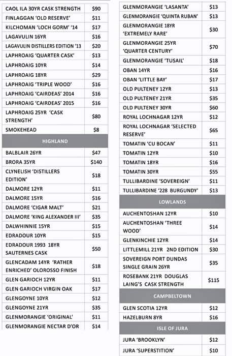 Shebeen menu