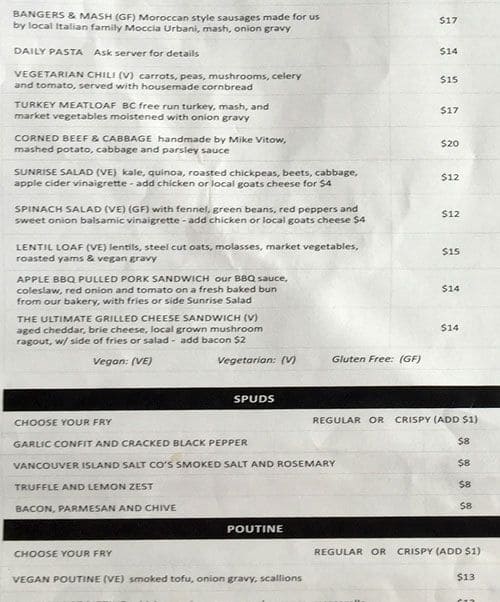 Shebeen menu