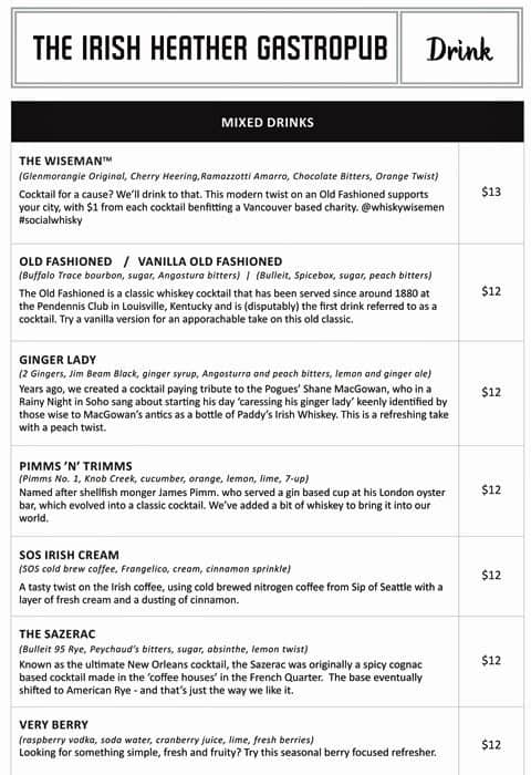 Shebeen menu