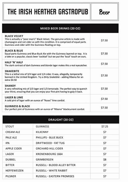 Shebeen menu