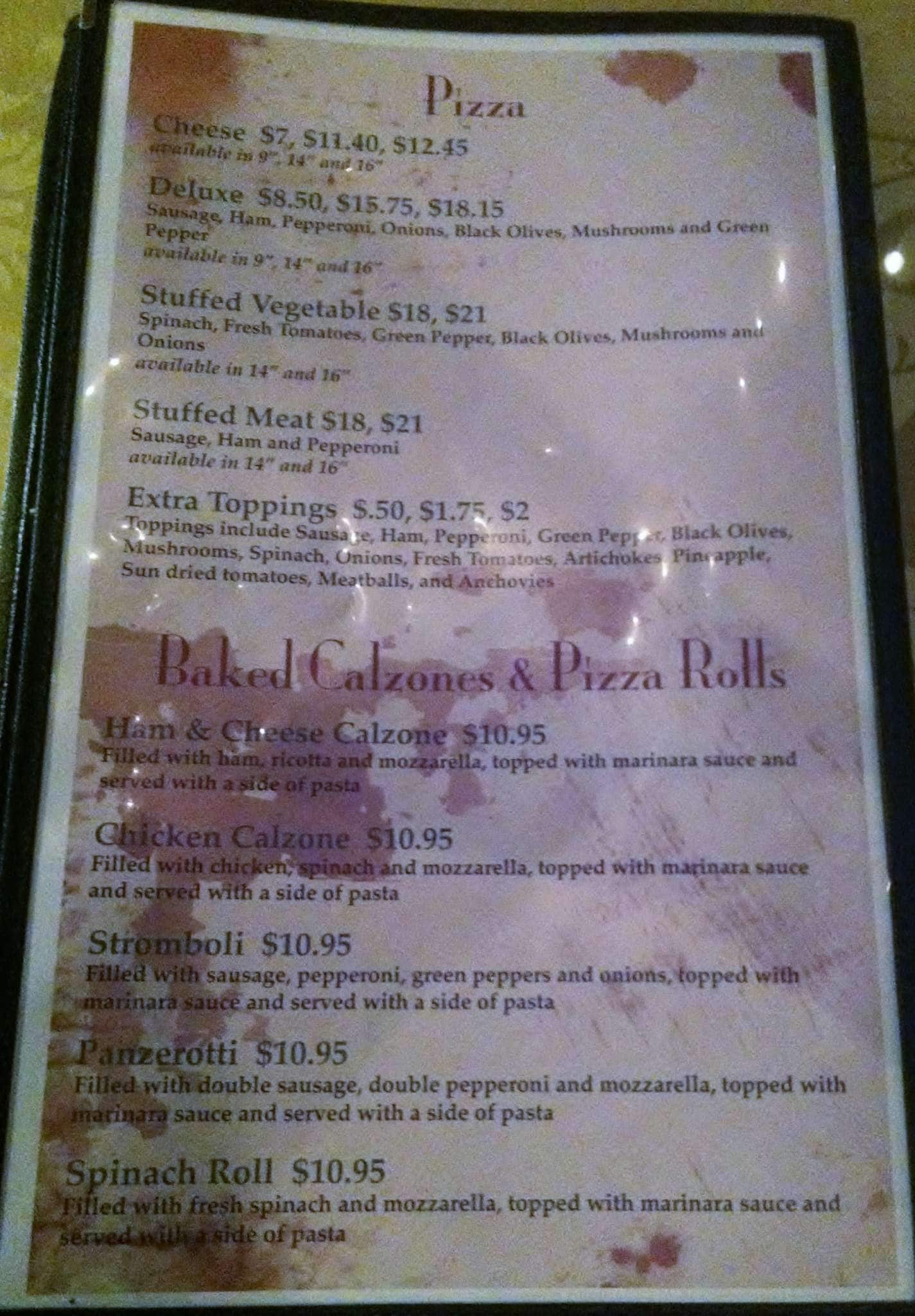 Menu at Frank's Place pizzeria, Danville
