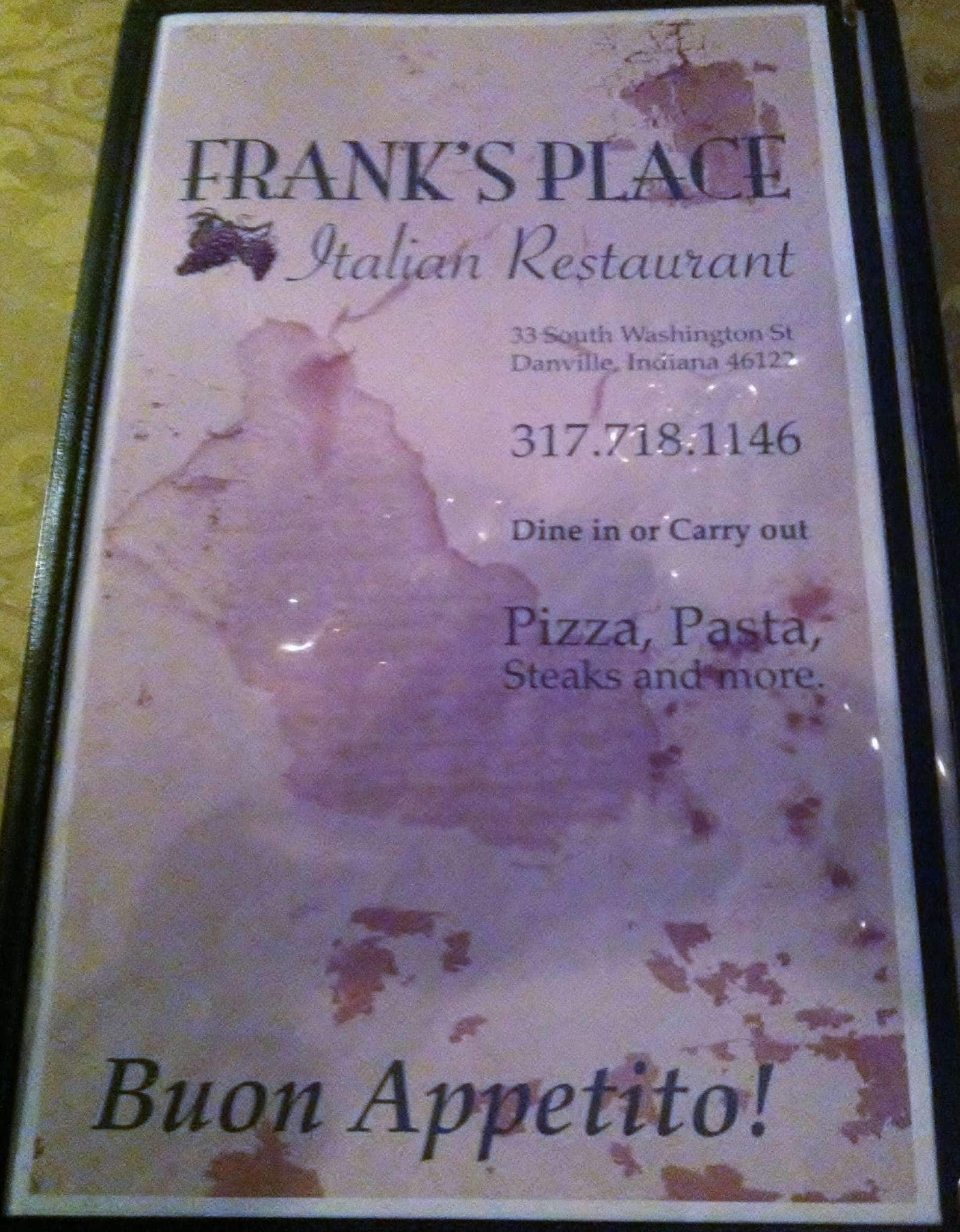 Menu at Frank's Place pizzeria, Danville