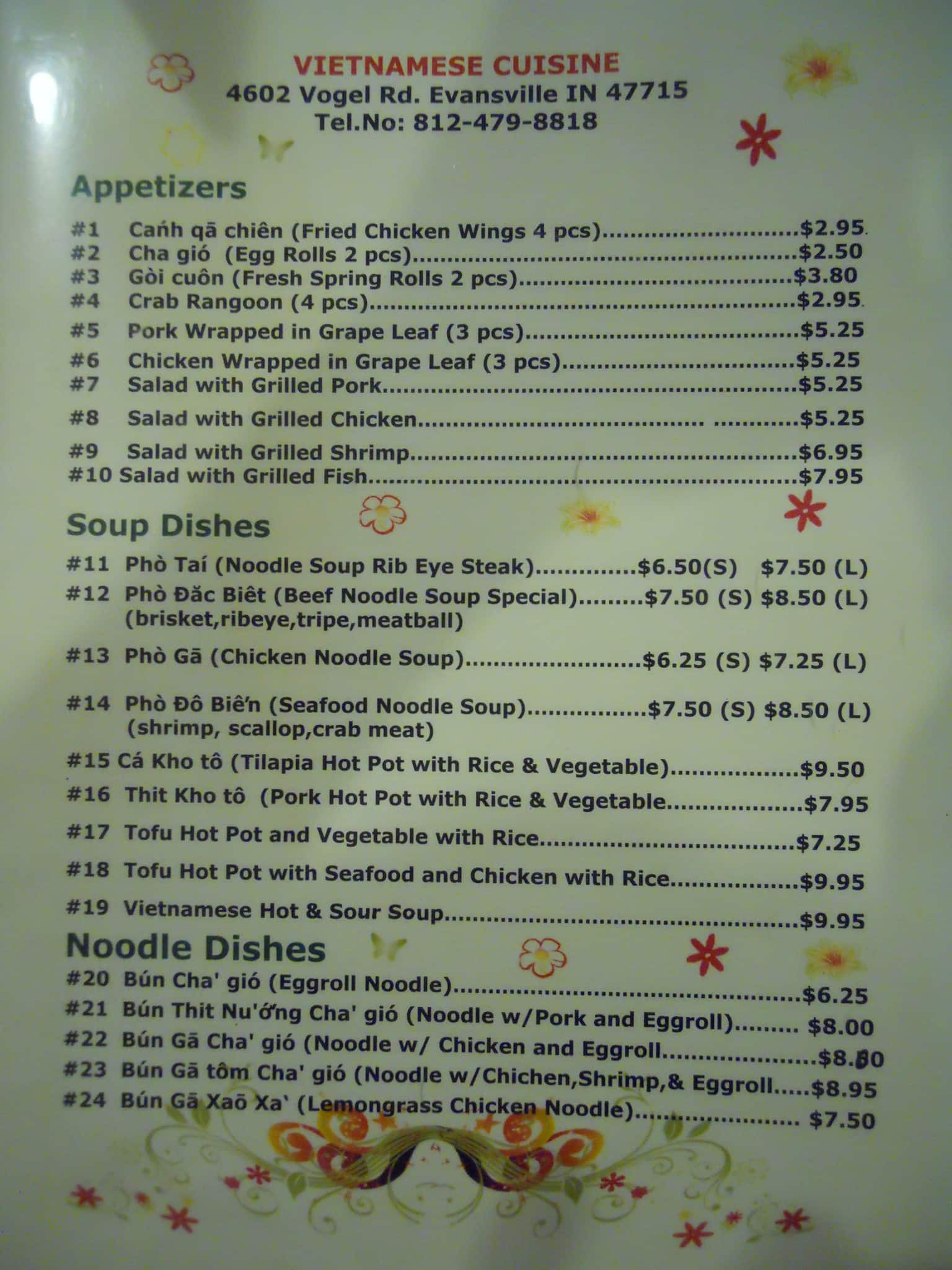 Menu At Vietnamese Cuisine Restaurant, Evansville