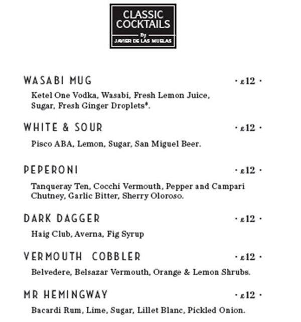 Menu at Dry Martini London pub & bar, London