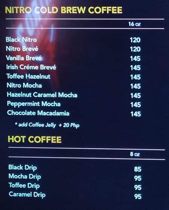 Nitro 7 Coffee & Tea Bar, New Manila Menu