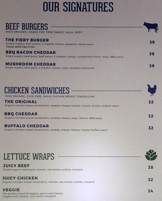 Elevation Burger Menu, Menu for Elevation Burger, Trade Centre Area