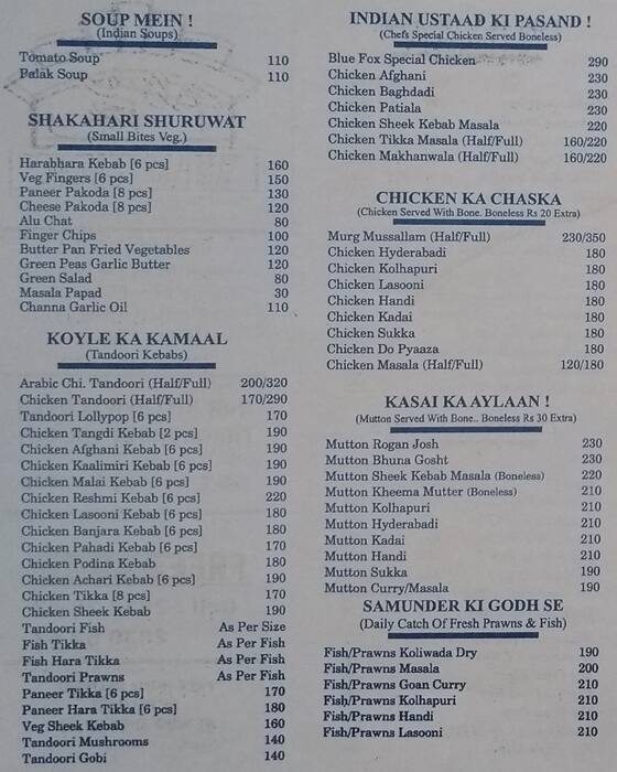 Menu at Blue Fox Restaurant & Bar, Mumbai, Shriniwas Bagarka Rd