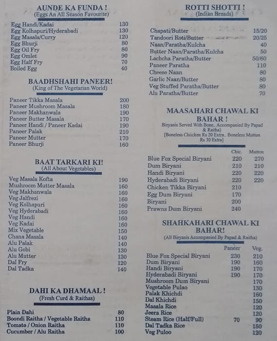Menu at Blue Fox Restaurant & Bar, Mumbai, Shriniwas Bagarka Rd