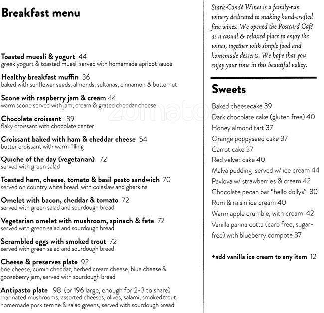 Postcard Cafe Menu, Menu for Postcard Cafe, Stellenbosch, Cape Town