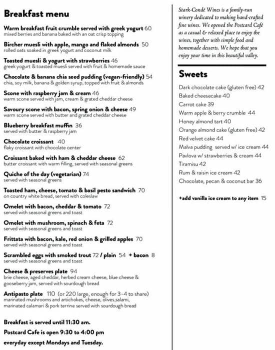 Postcard Cafe Menu, Menu for Postcard Cafe, Stellenbosch, Cape Town ...