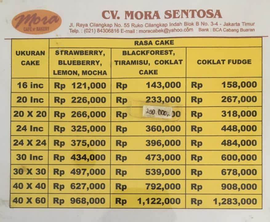 Menu at Mora Bakery, East Jakarta