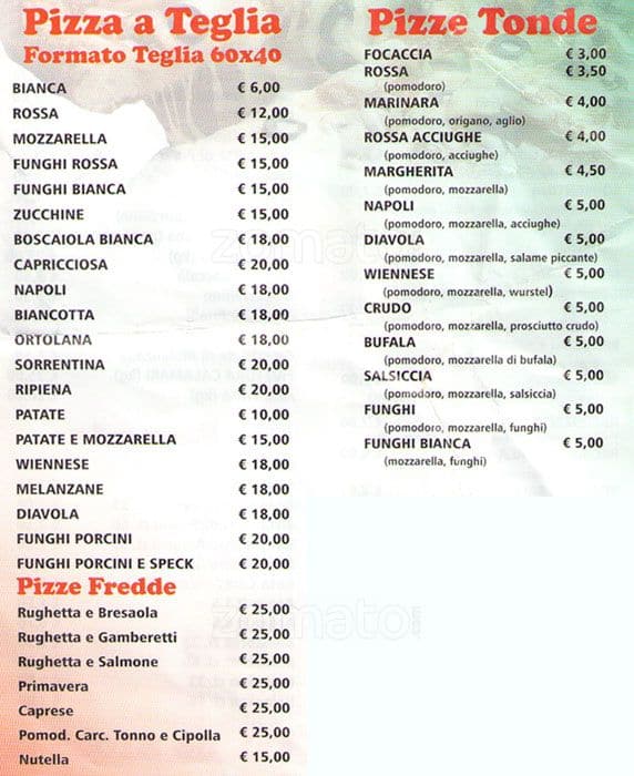 Menu di Bar Pizzeria La Sorrentina 