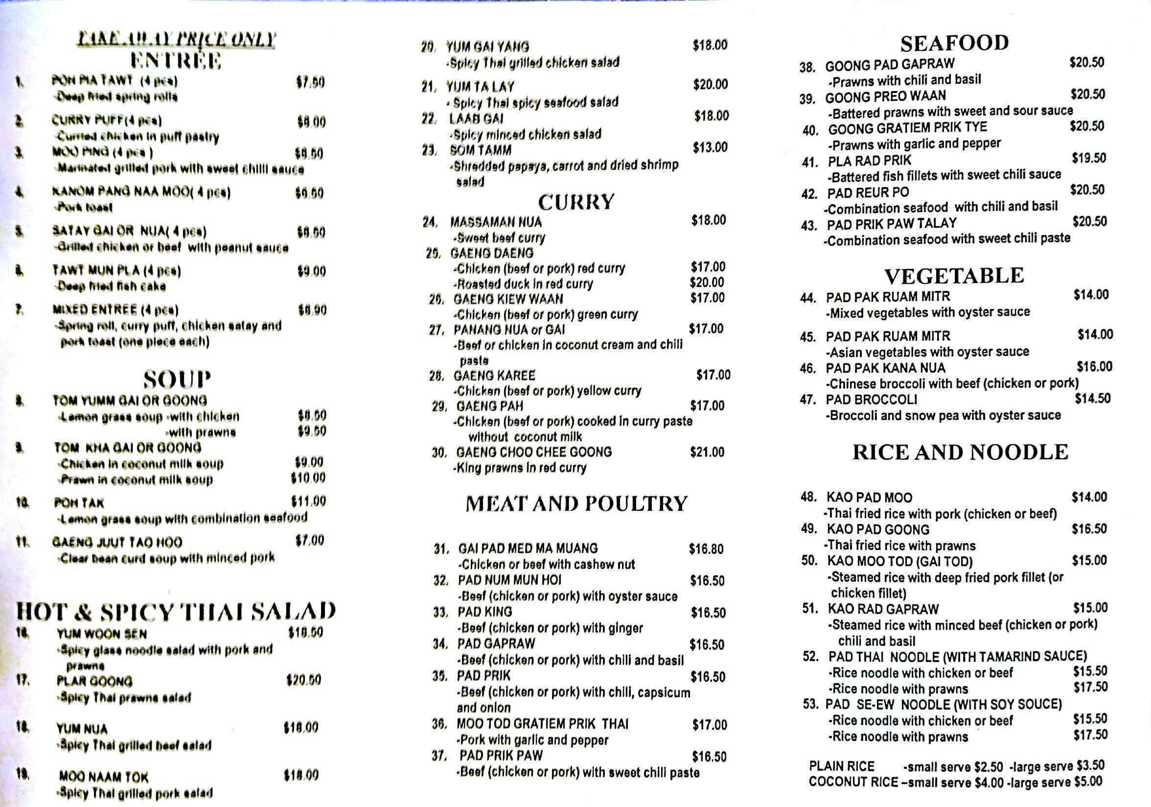 Baan Thai Menu, Menu v reštaurácii Baan Thai, Spring Hill, Brisbane