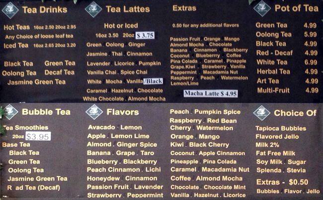 Xiu Xian Tea menu