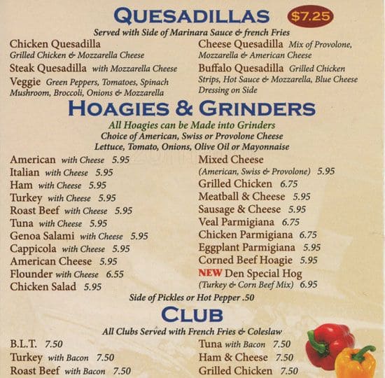 Menu at Explorers Den restaurant, Philadelphia