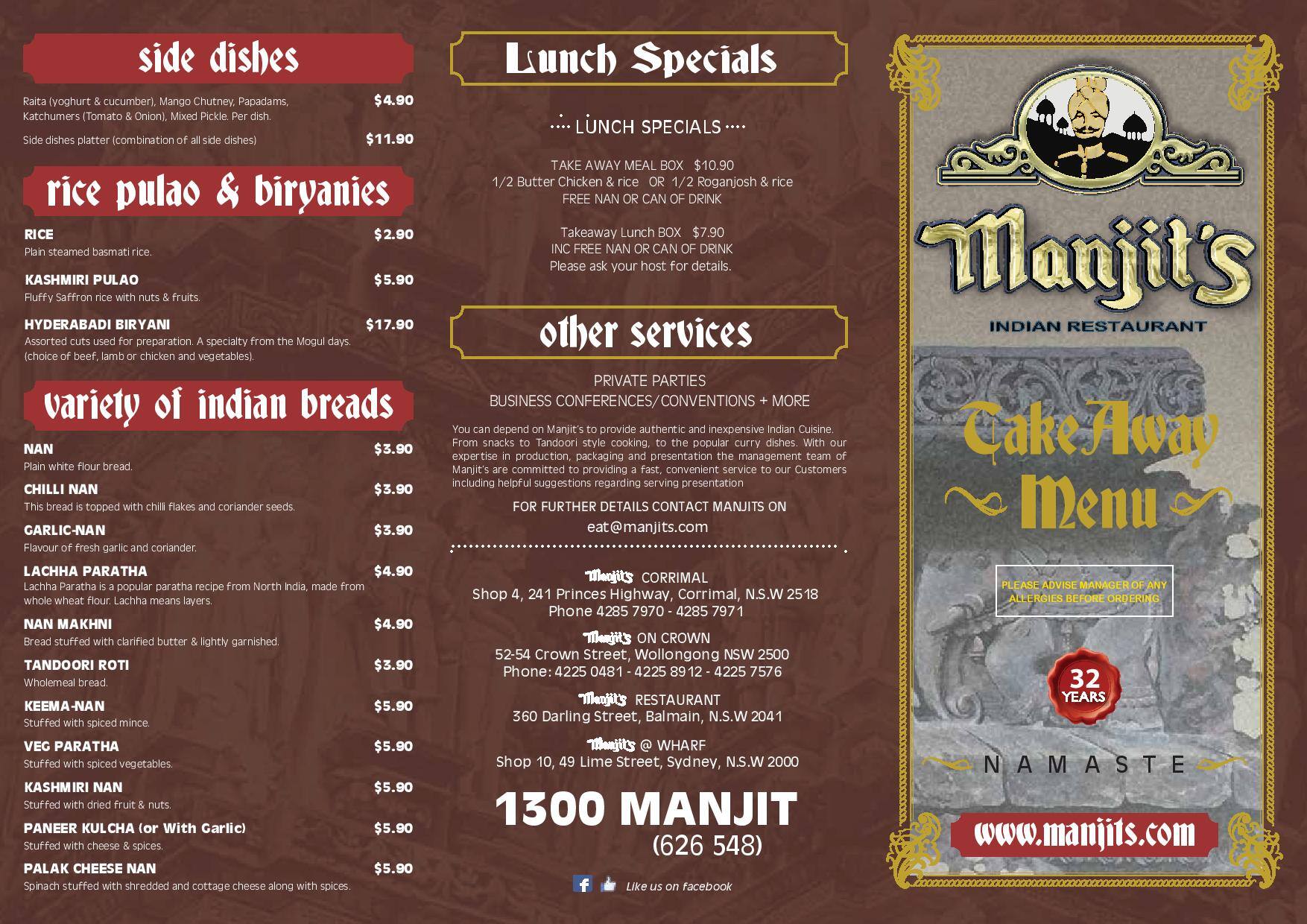 Menu at Manjits On Crown restaurant, Wollongong