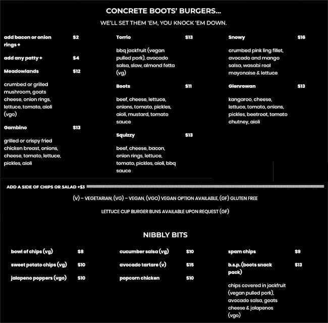 Concrete Boots Bar Menu, Menu for Concrete Boots Bar, Richmond