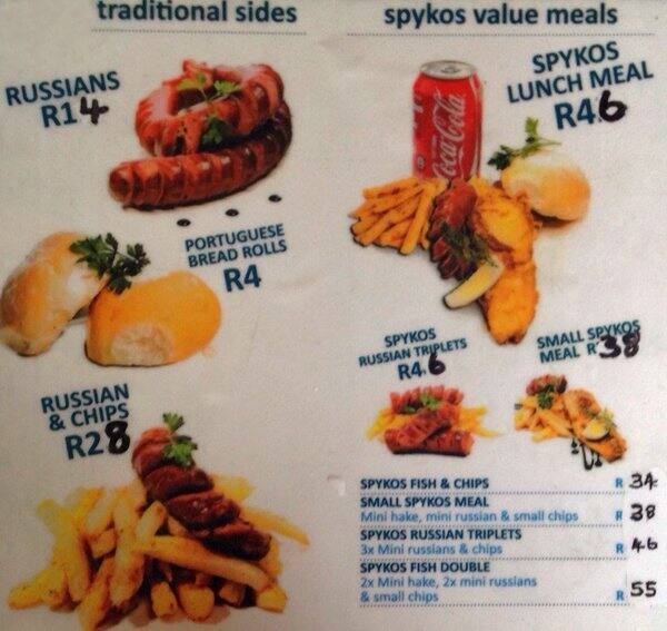 Menu at Spykos Foods restaurant, Johannesburg, Highland Centre